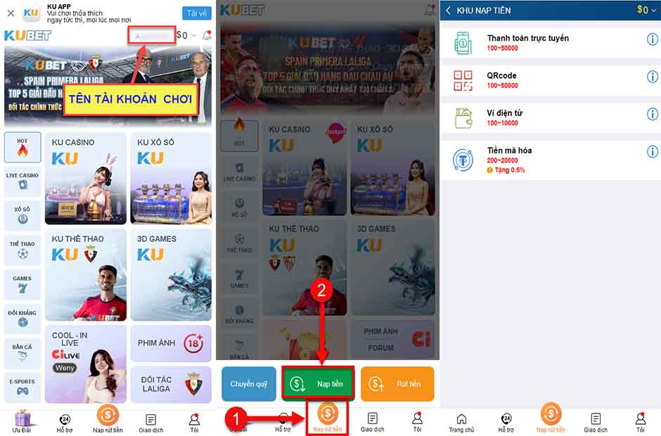 Đăng ký thành công có khu nạp tiền